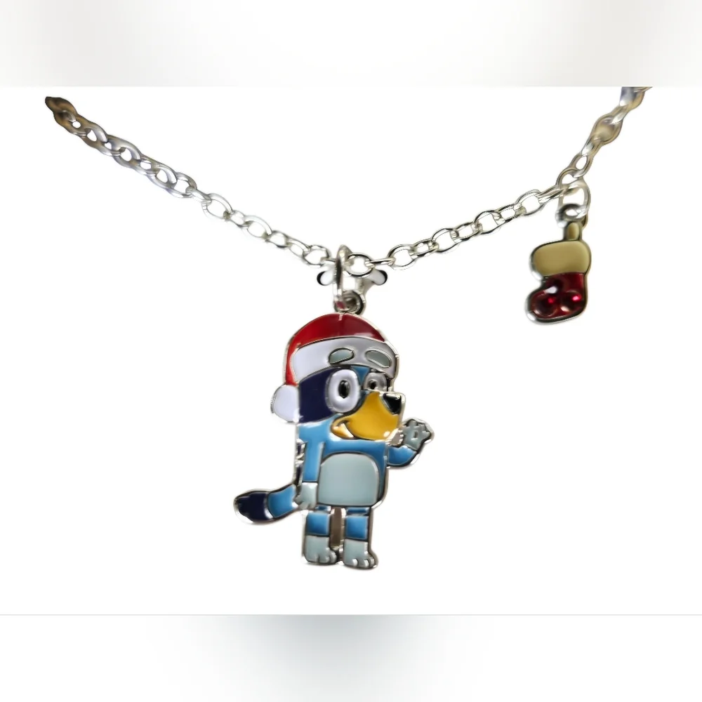 Bluey Brass Fine Silver Plated Christmas Necklace with Santa Hat & Stocking - Picture 4 of 4